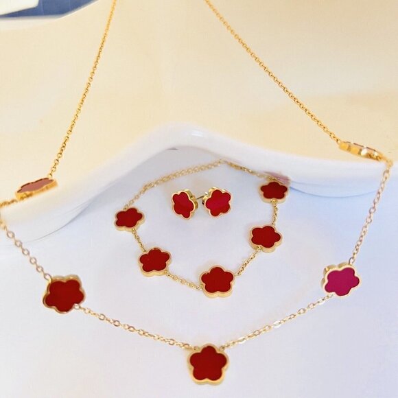 18K Gold Plated RED Clover Necklace 5 Petals stainless steel Womens jewelry - Picture 5 of 10